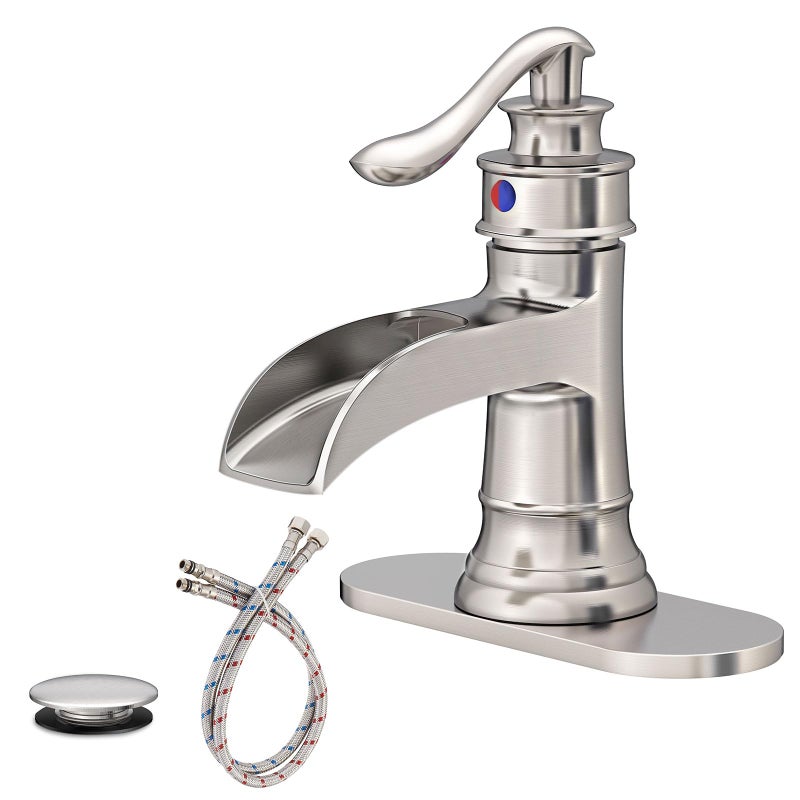 BATHLAVISH Brushed Nickel Waterfall Bathroom Sink Faucet, Single Handle 1 or 3 Hole Farmhouse Bathroom Faucets with Deck, Pop-up Drain, 2 Hoses for Lavatory Washroom Vanity RV - Image 1